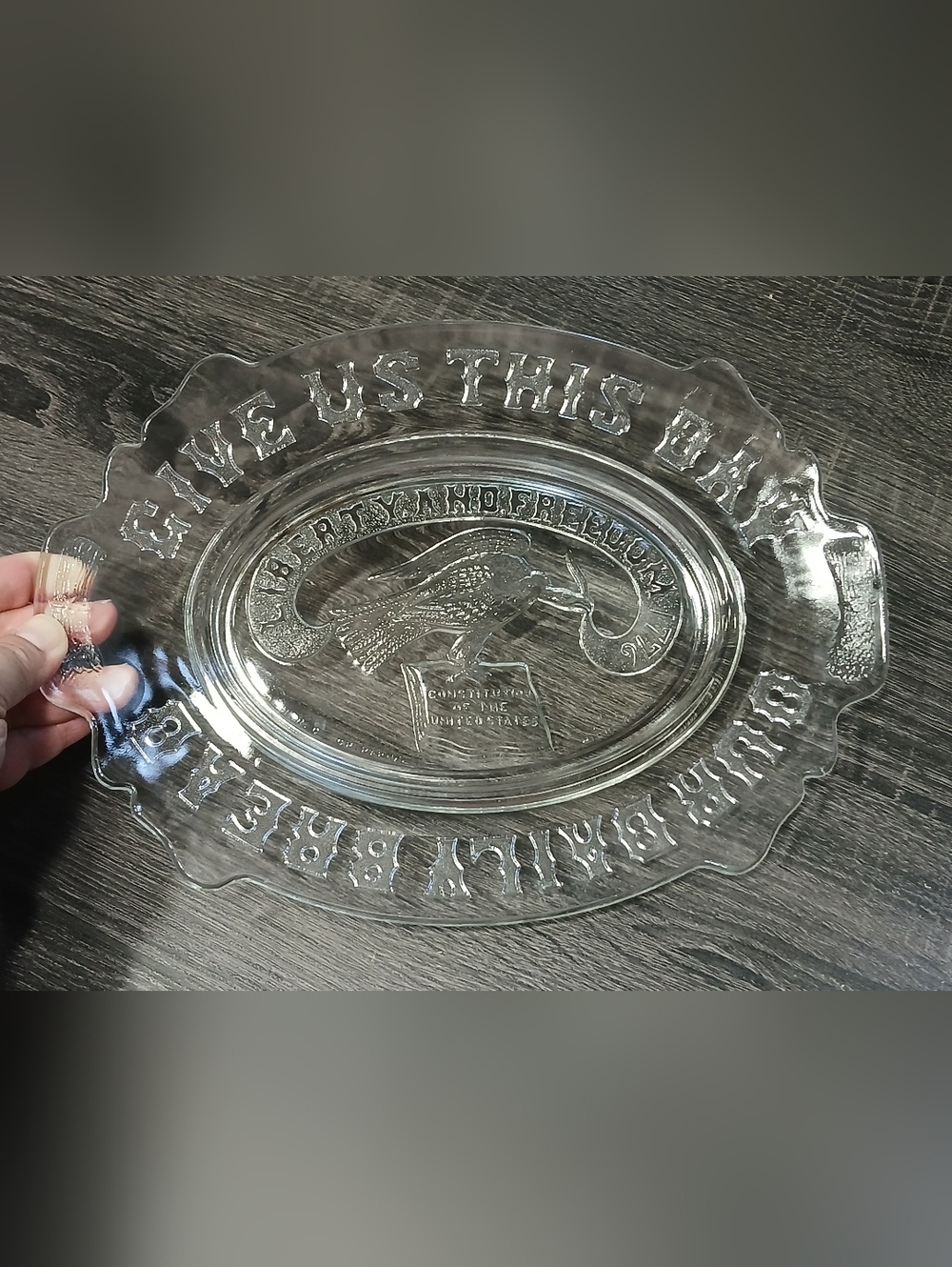 Give Us This Day Our Daily Bread Glass Serving Plate Dish USA 1776 Constitution